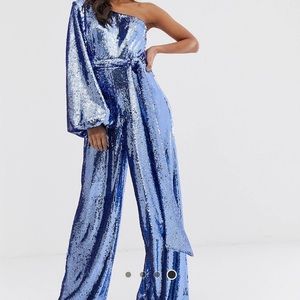 One shoulder purple sequin jumpsuit with tie belt